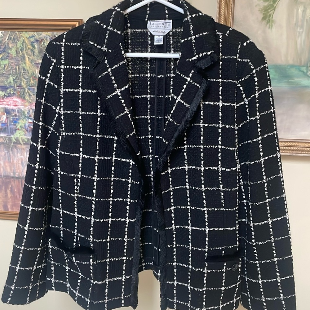 Talbots Collection sz 16 Made in Italy 86% Wool Black White Windowpane open blaz